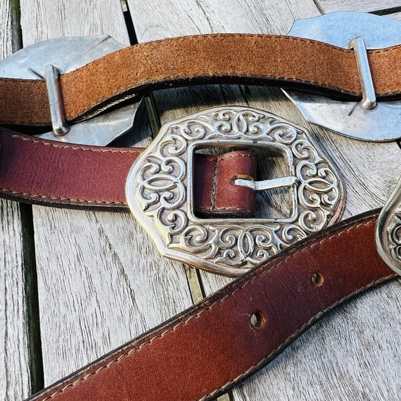 Vtg 90's Brighton Oval Sunflower Concho Belt S Brown Leather Floral Boho Cowgirl - Picture 6 of 15